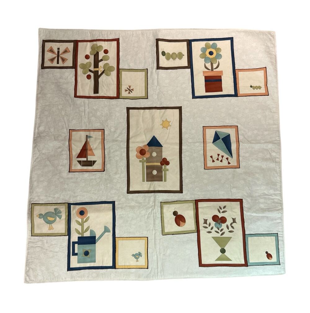 Handmade Applique Quilt 44x44 Folk Art Birds Flowers Sailboat Baby Blanket